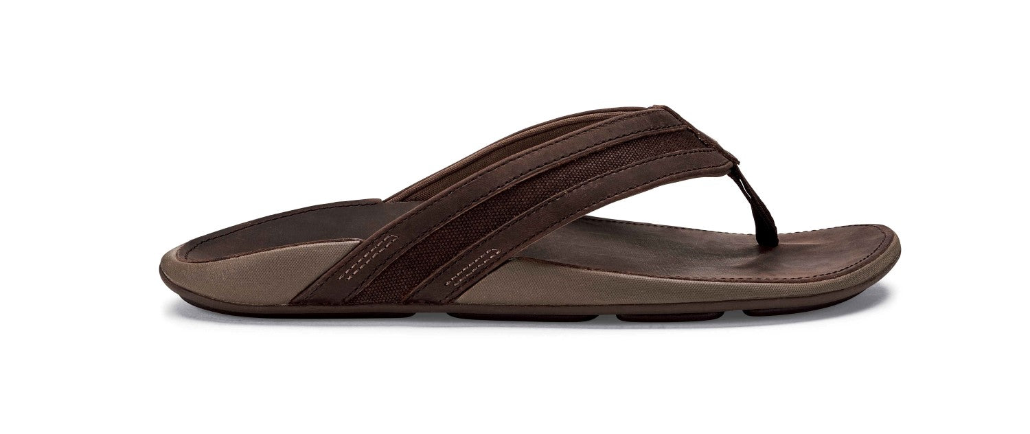 Olukai 'Ikoi - Men's Supportive Leather Sandal - Dk Wood / Dk Wood - Profile