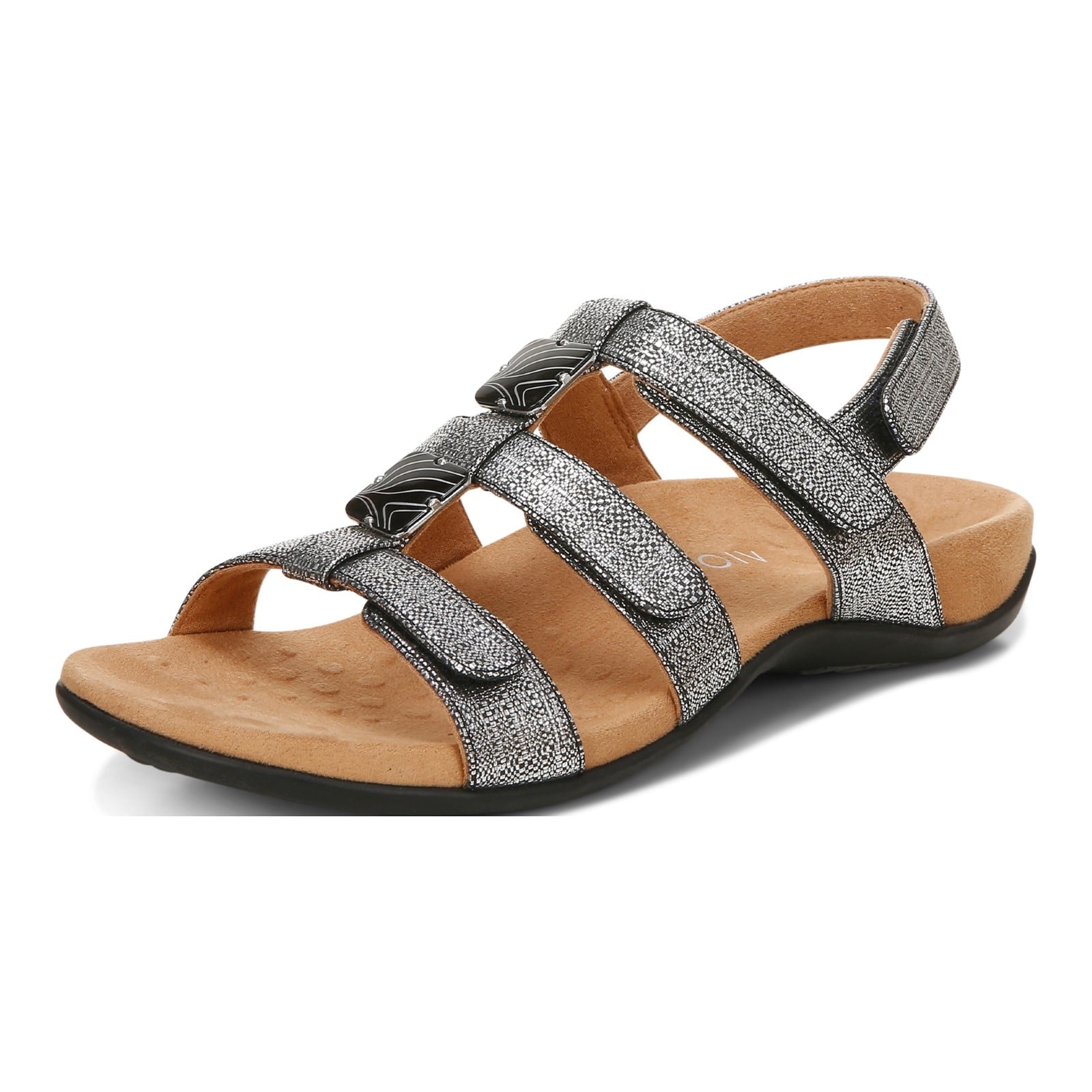 Vionic Amber - Women's Adjustable Slide Sandal - Orthaheel - Black Metallic Linen - Left angle