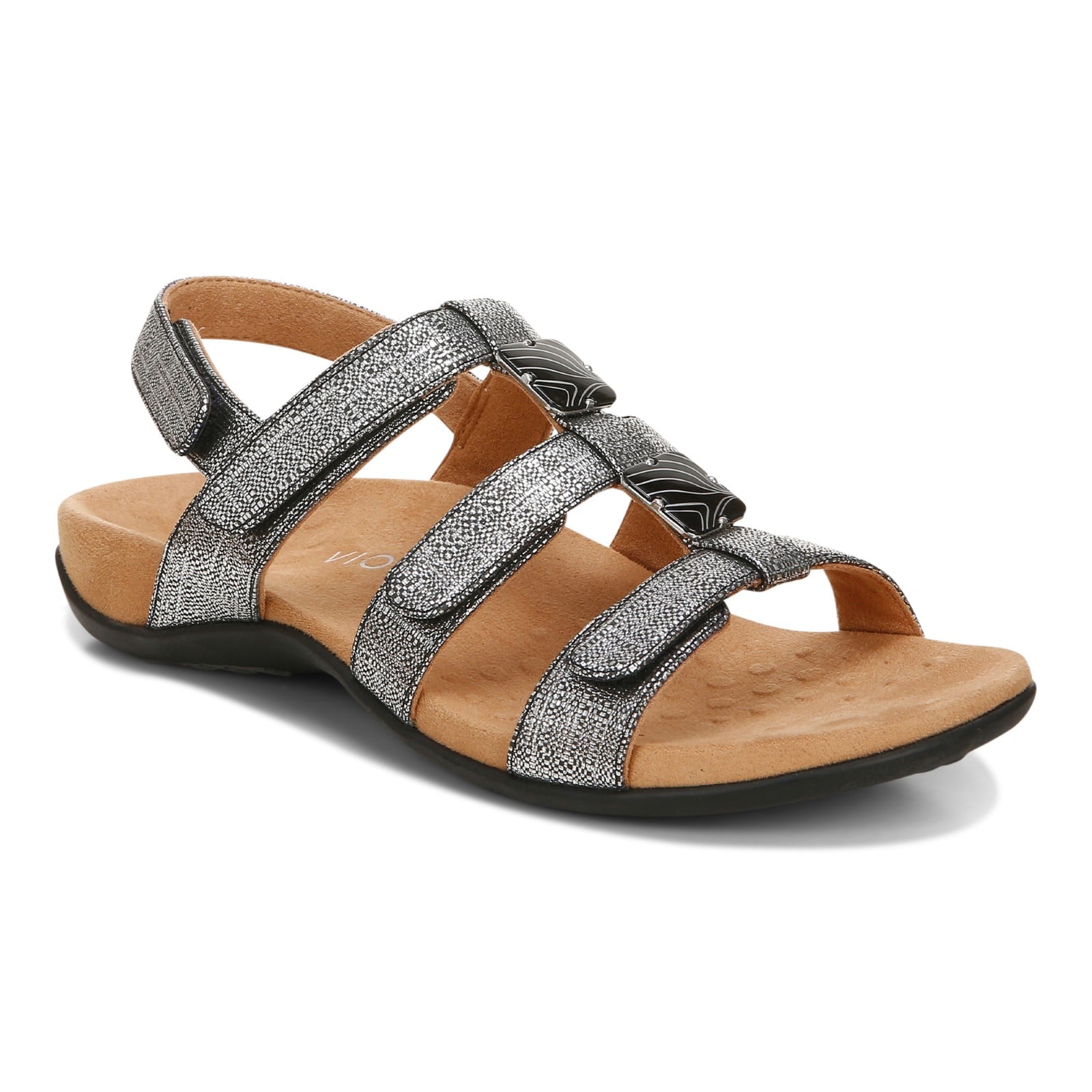 Vionic Amber - Women's Adjustable Slide Sandal - Orthaheel - Black Metallic Linen - Angle main