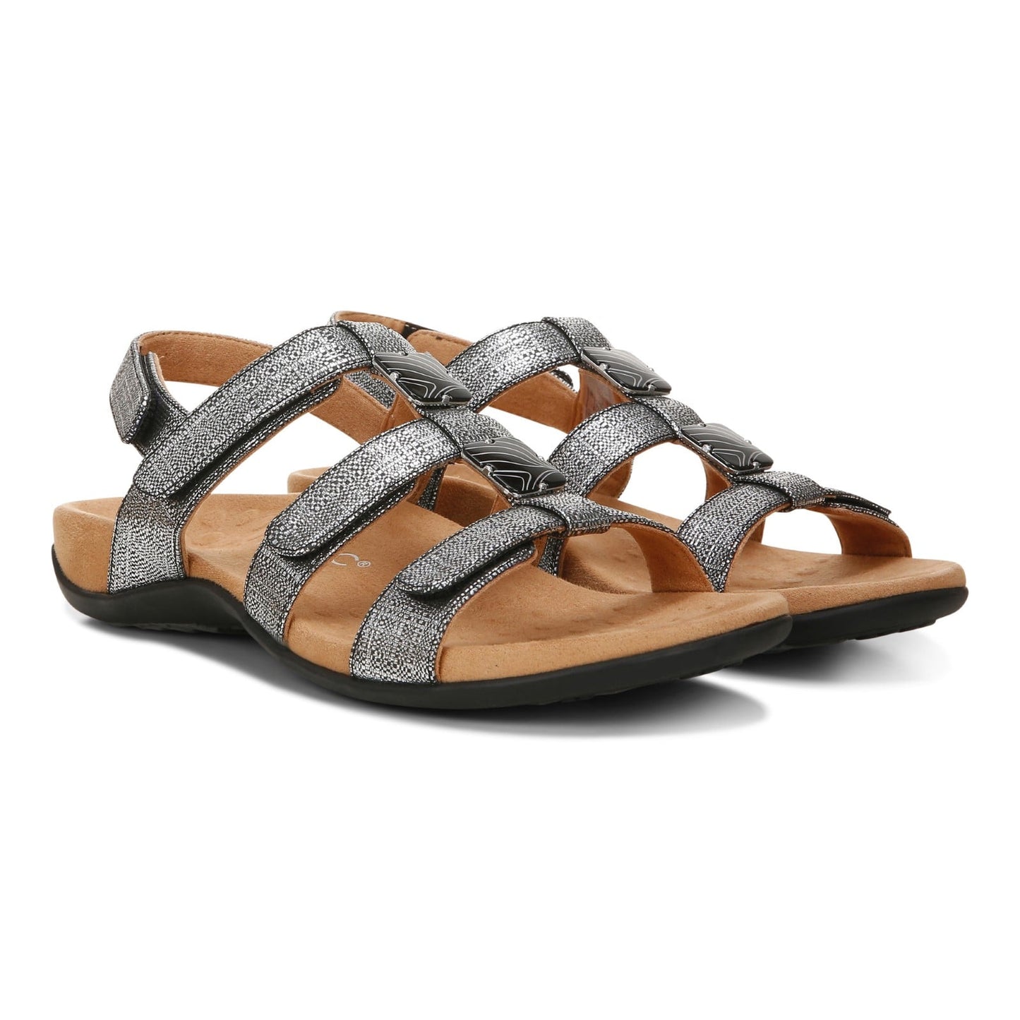 Vionic Amber - Women's Adjustable Slide Sandal - Orthaheel - Black Metallic Linen - Pair
