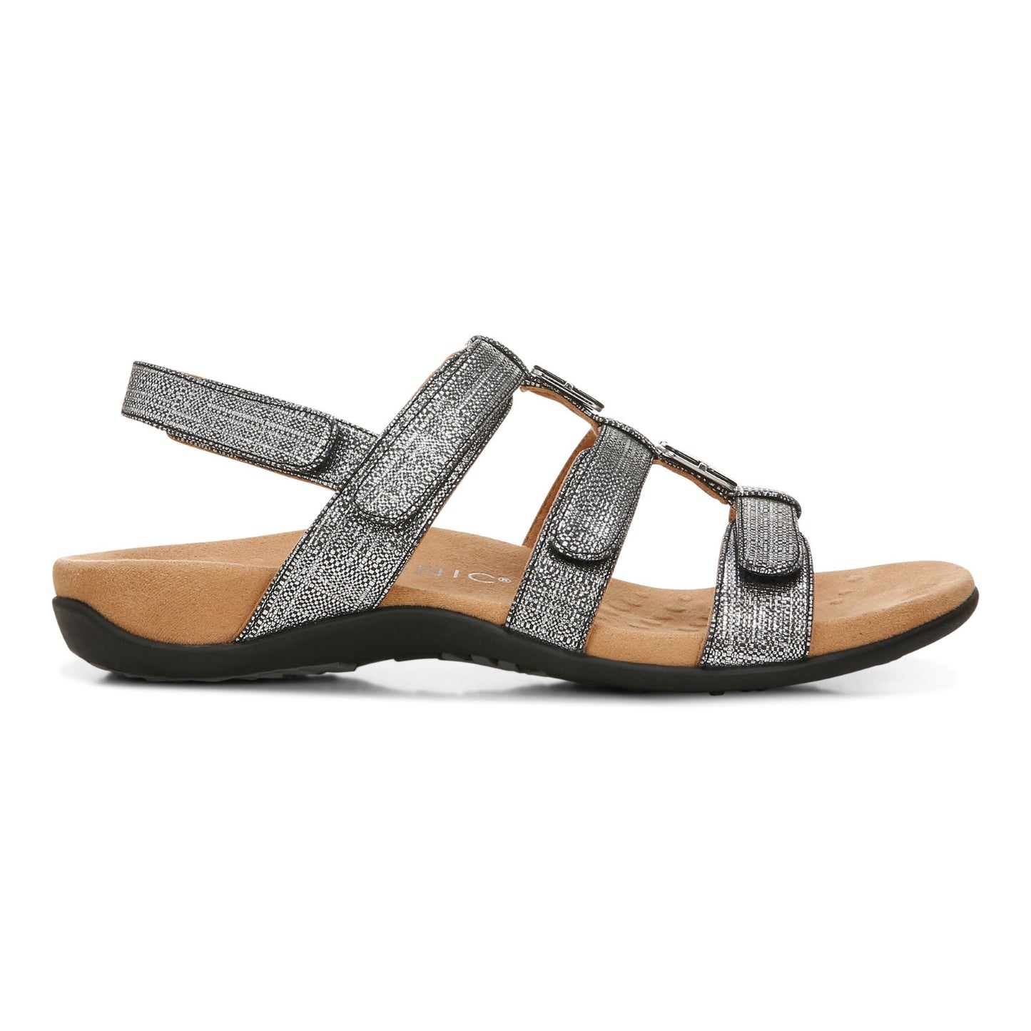 Vionic Amber - Women's Adjustable Slide Sandal - Orthaheel - Black Metallic Linen - Right side