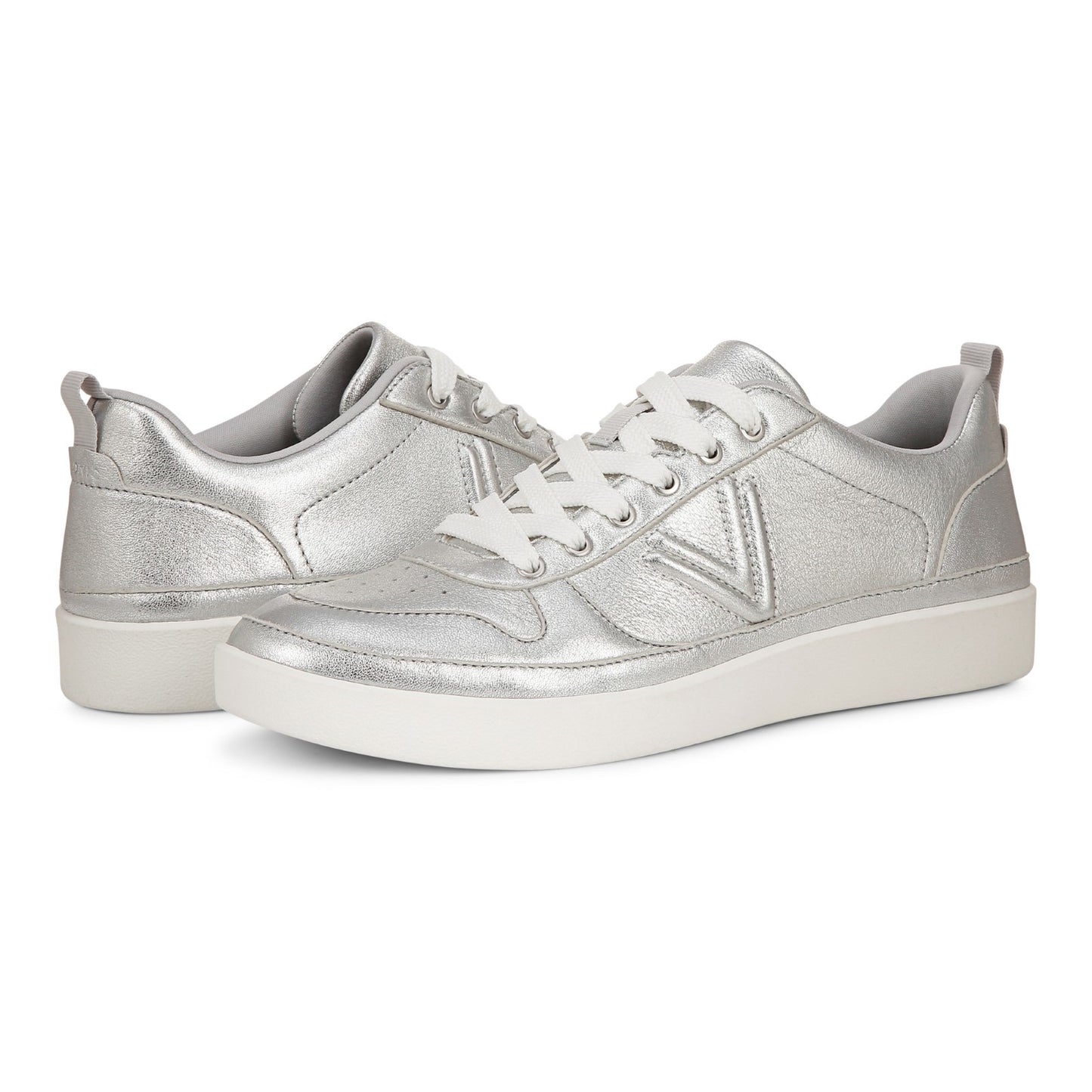 Vionic Elise Women's Leather Casual Comfort Sneakers - Silver - pair left angle