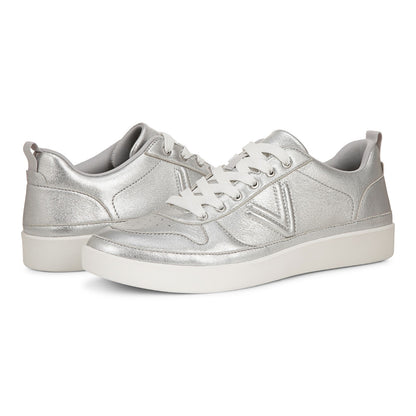 Vionic Elise Women's Leather Casual Comfort Sneakers - Silver - pair left angle