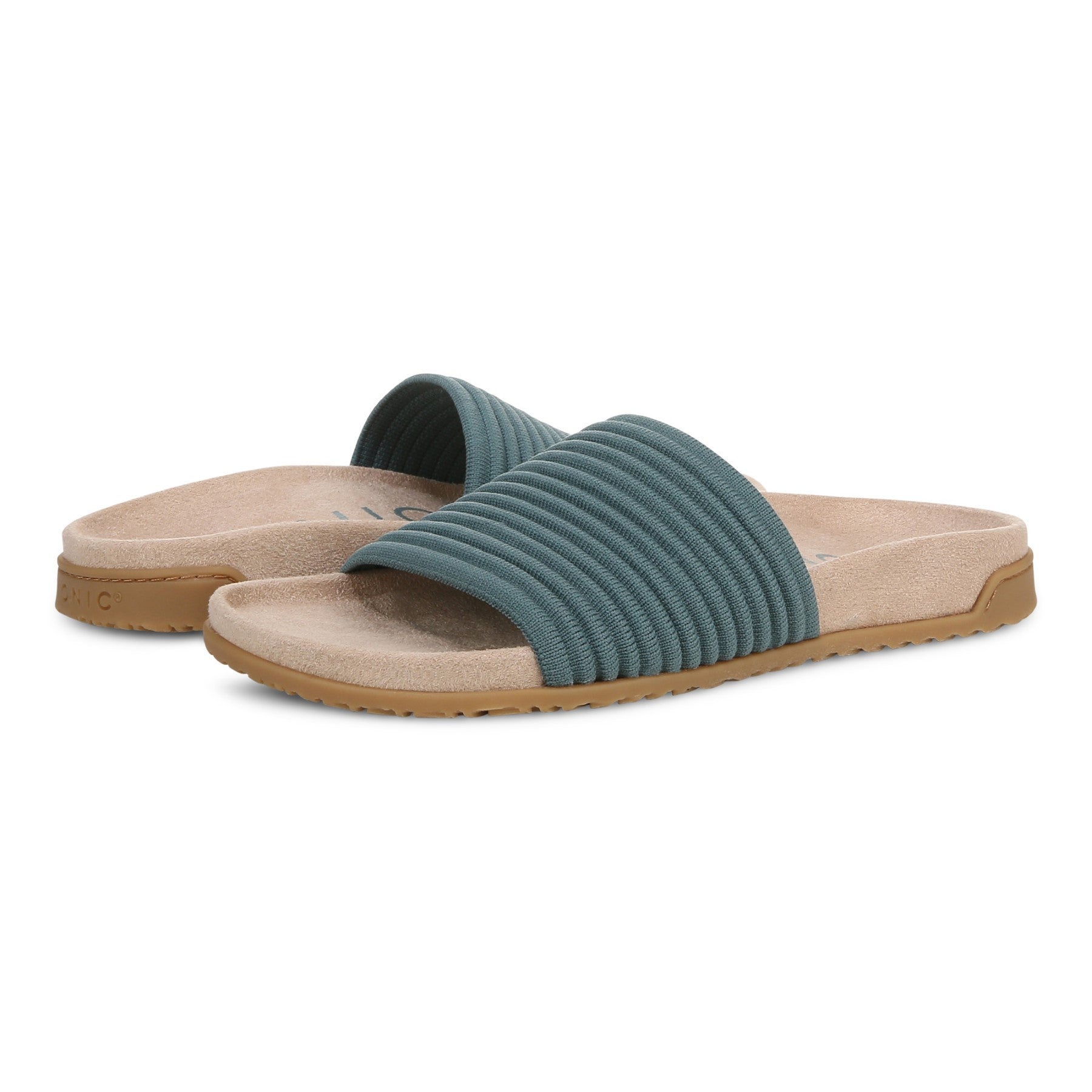 Vionic Evie Knit Women's Slide Arch Supportive Sandal - Bodega Blue - pair left angle