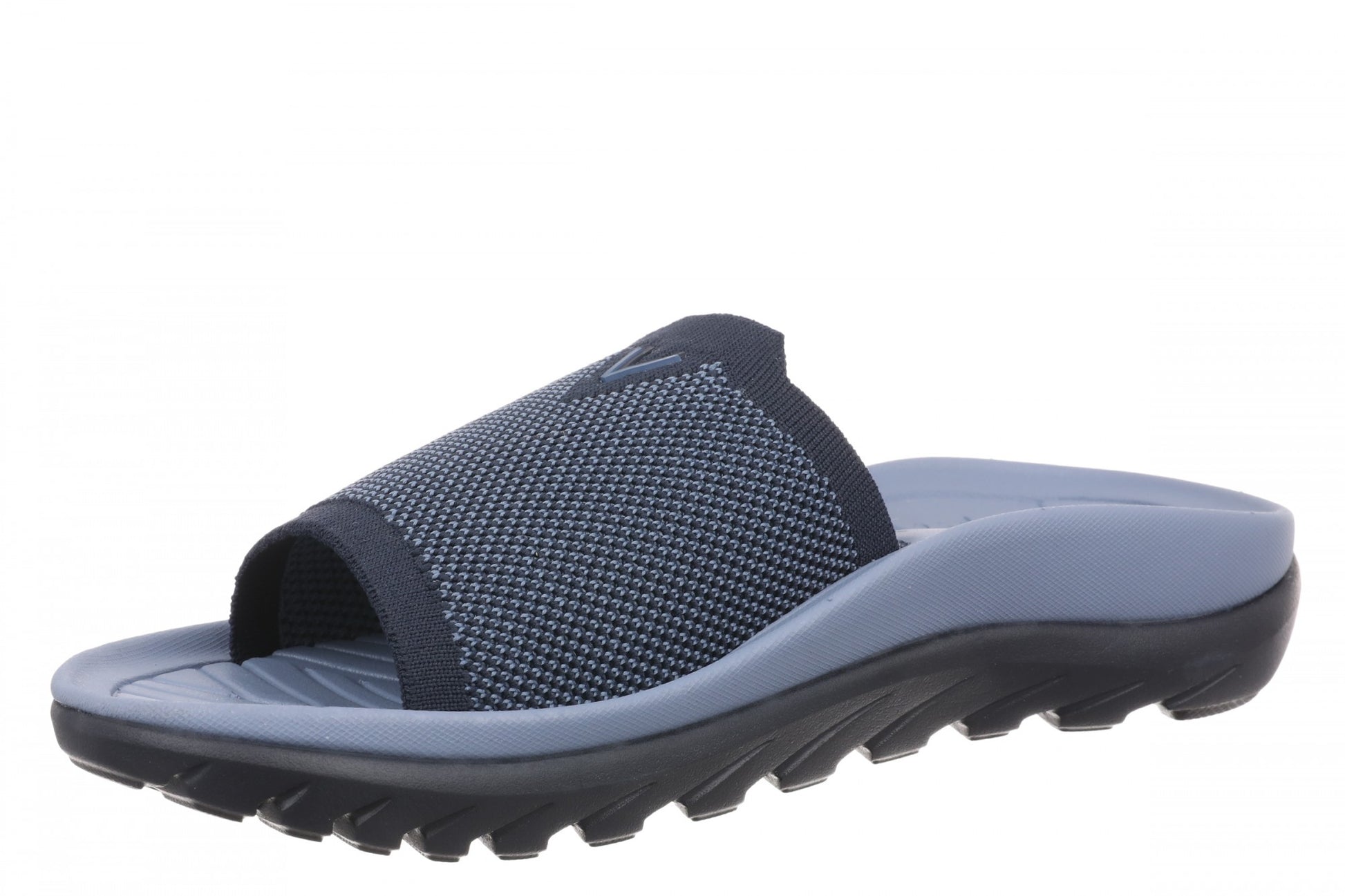 Vionic Haven RX Women's Recovery Slide Sandal - Orthotic Comfort & Arch Support Sandal - Navy Knit - Left angle