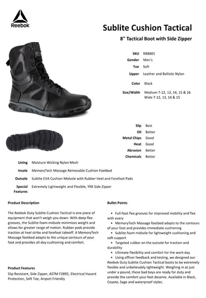 Reebok Duty Men's Sublite Cushion Tactical Soft Toe 8" Boot  - Black - 
