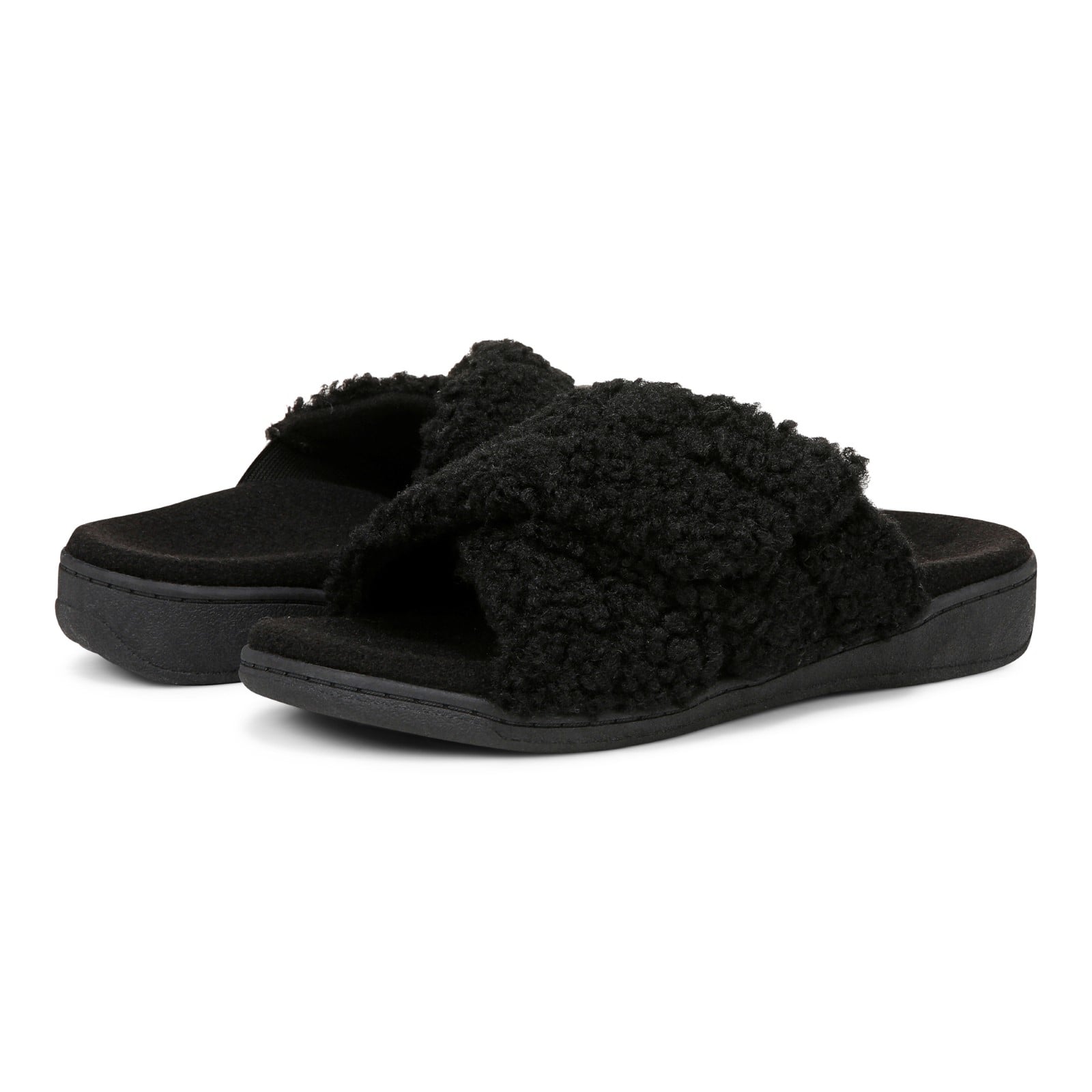 Vionic Relax Ii womens Slide Slipper - Black Shearling - pair left angle