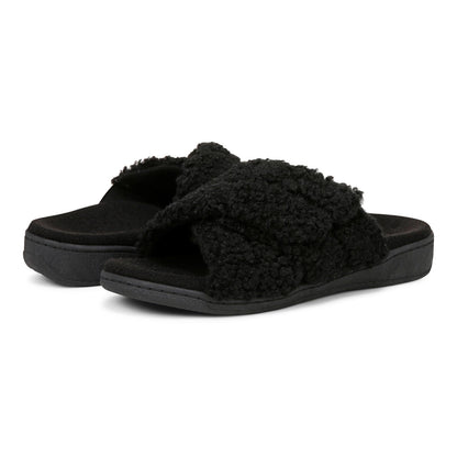Vionic Relax Ii womens Slide Slipper - Black Shearling - pair left angle