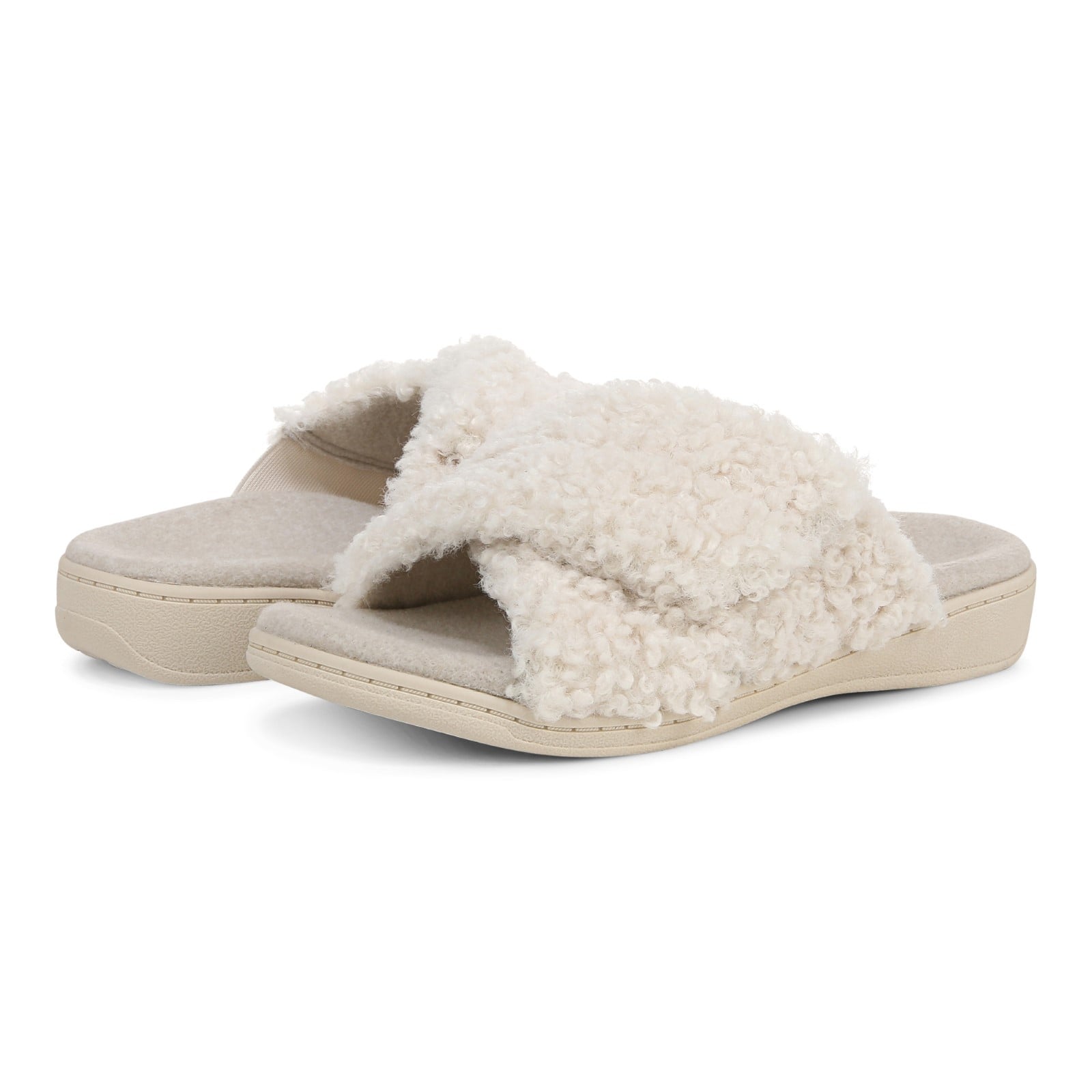 Vionic Relax Ii womens Slide Slipper - Cream Shearling - pair left angle