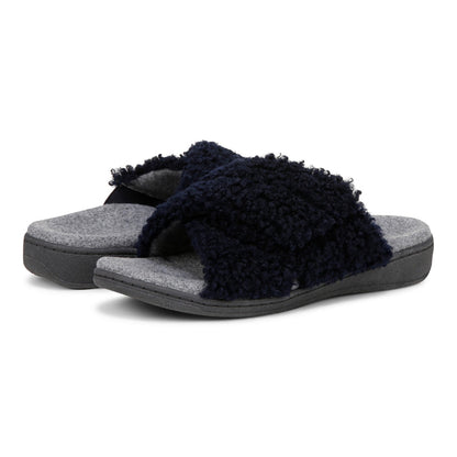 Vionic Relax Ii womens Slide Slipper - Navy Blazer Shearling - pair left angle