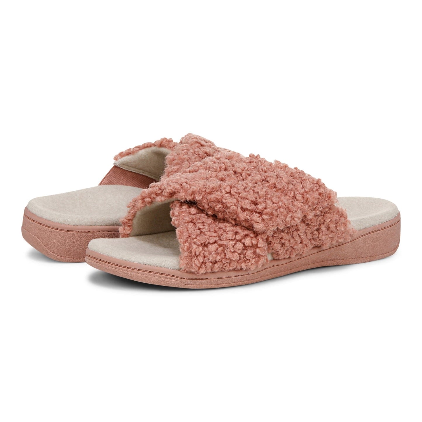 Vionic Relax II Women's Orthotic Slide Slippers - Cinder Rose Shearling - pair left angle