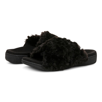 Vionic Relax Ii womens Slide Slipper - Black Fur - pair left angle