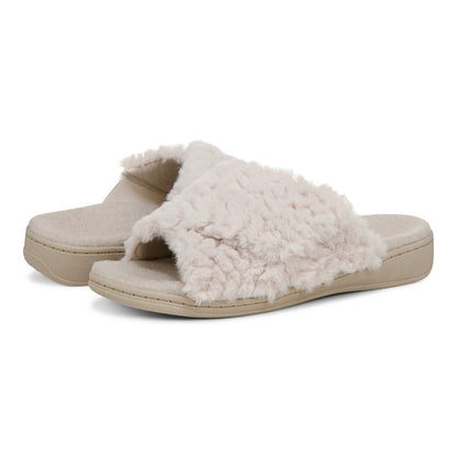 Vionic Relax II Women's Orthotic Slide Slippers - Off White Fur - pair left angle