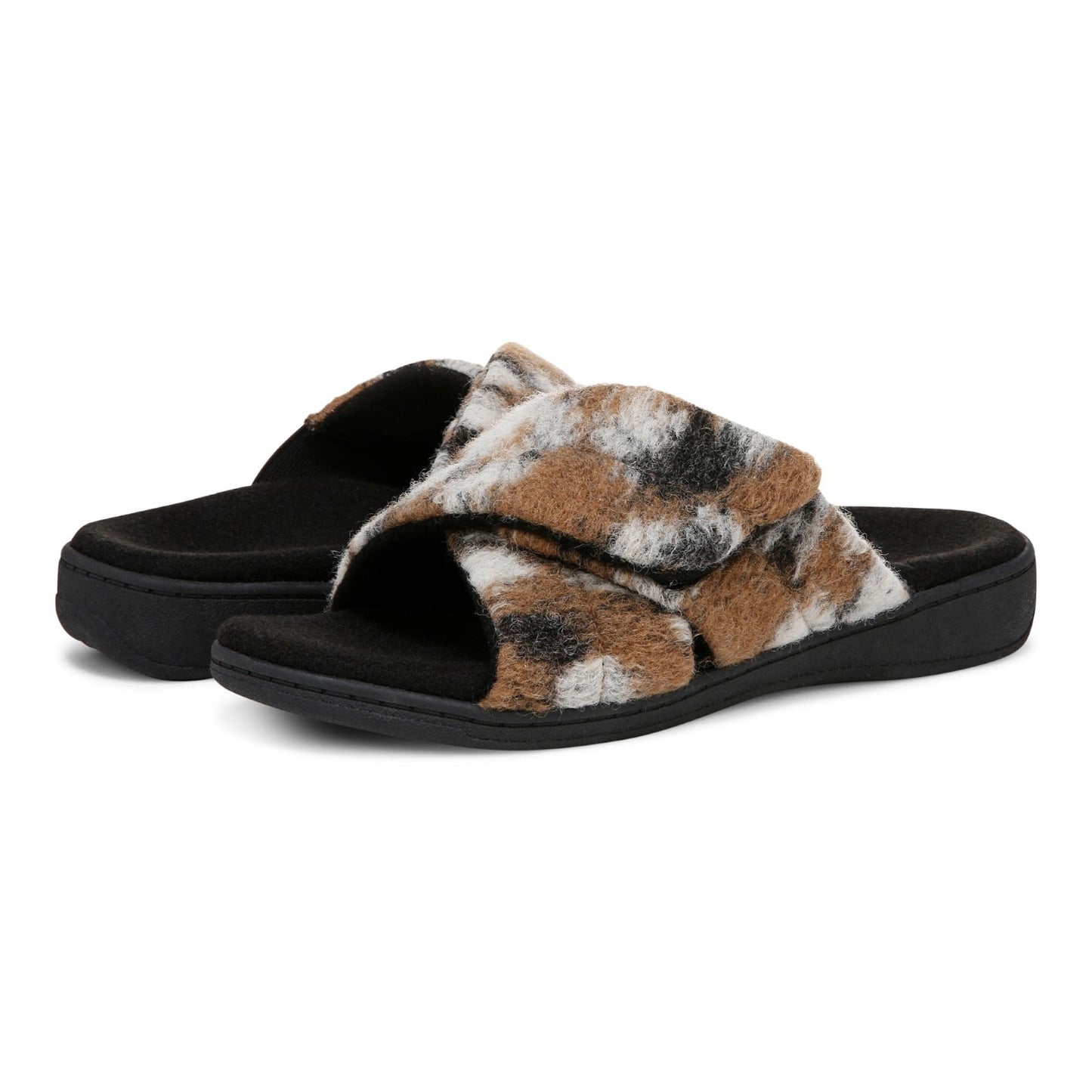 Vionic Relax II Women's Orthotic Slide Slippers - Brown Multi Camo Felt - pair left angle