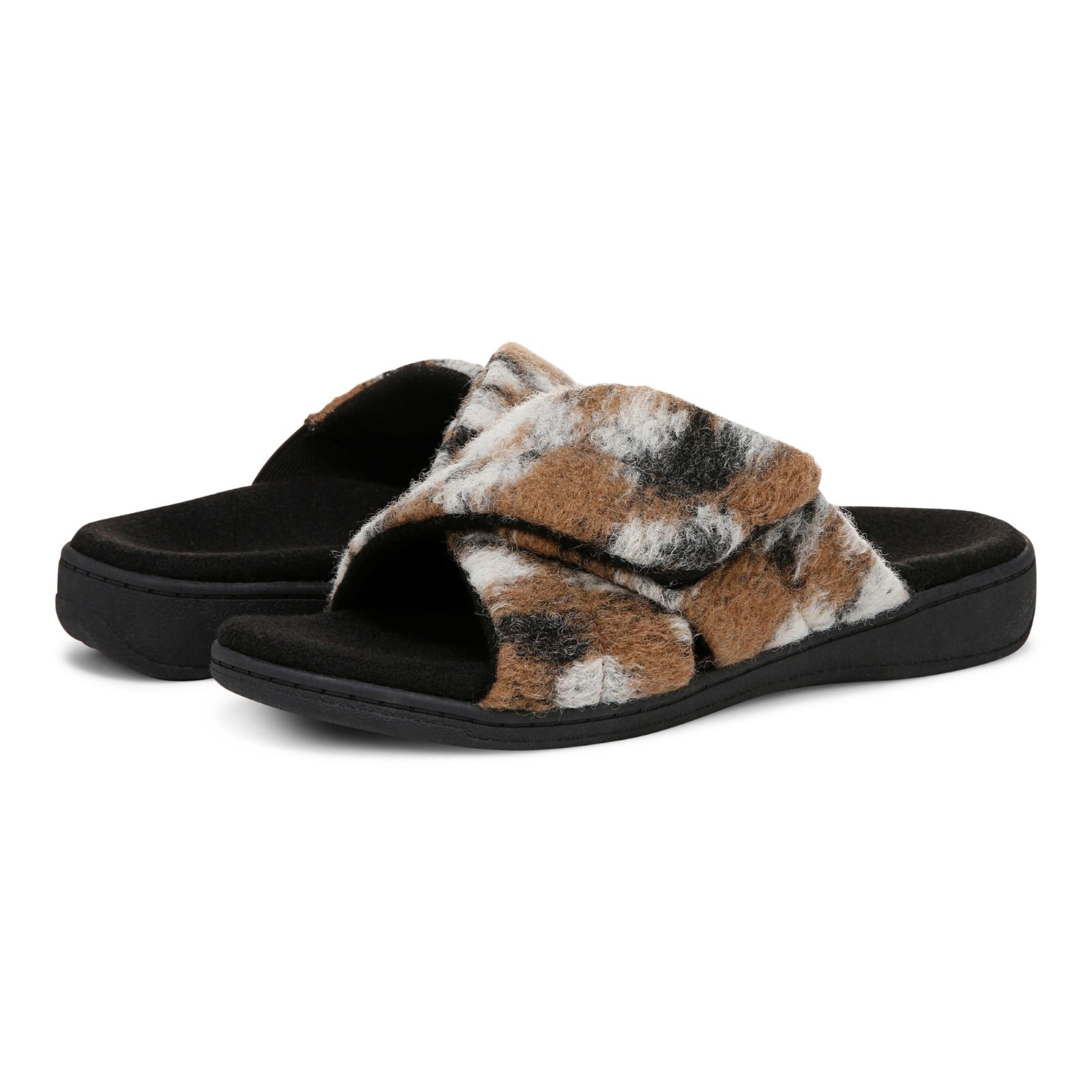 Vionic Relax II Women's Orthotic Slide Slippers - Brown Multi Camo Felt - pair left angle