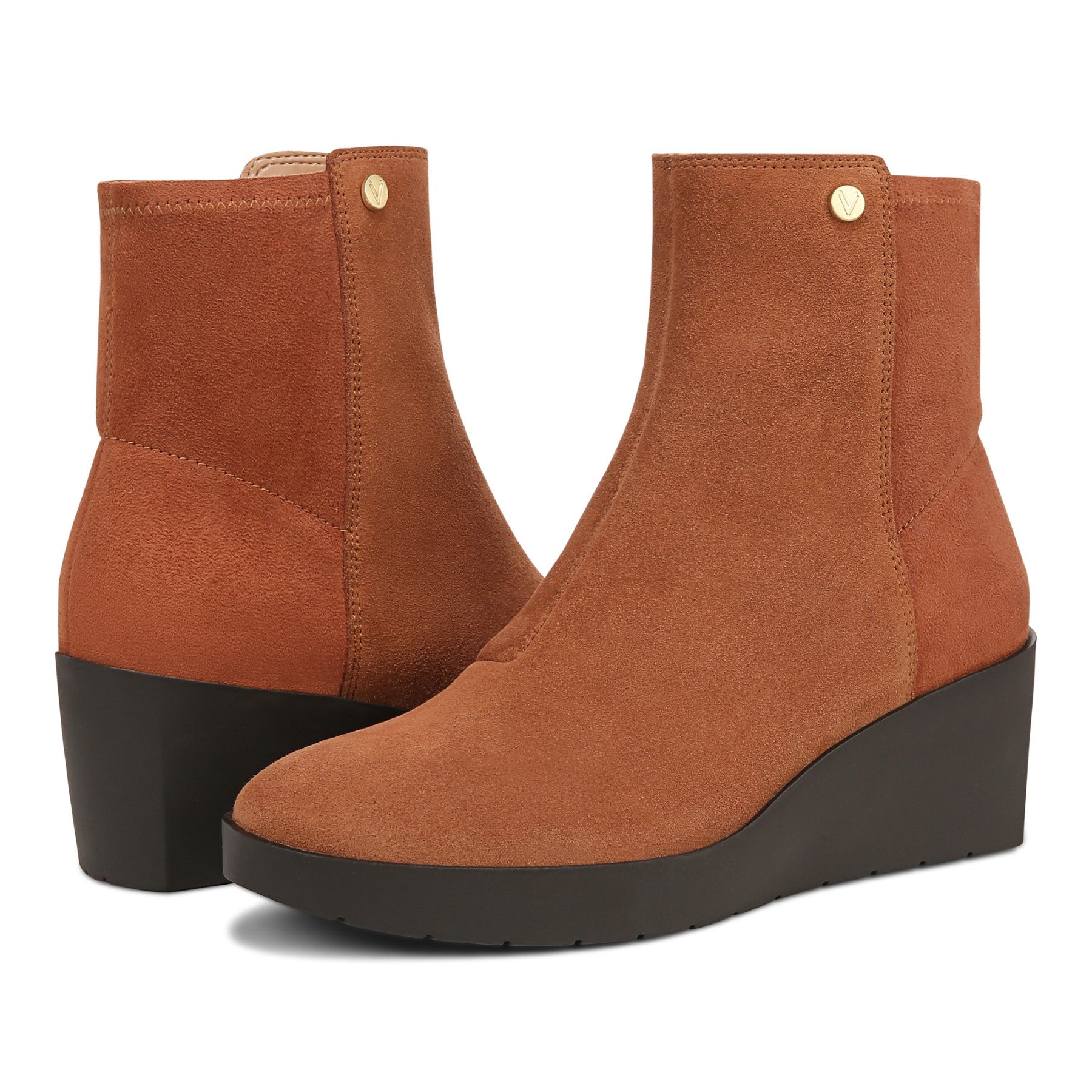 Vionic Skylar Women's Comfort Wedge Short Boot - Tan Suede - pair left angle