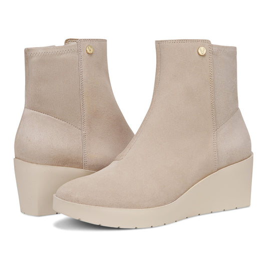 Vionic Skylar Women's Comfort Wedge Short Boot - Oatmeal Suede - pair left angle