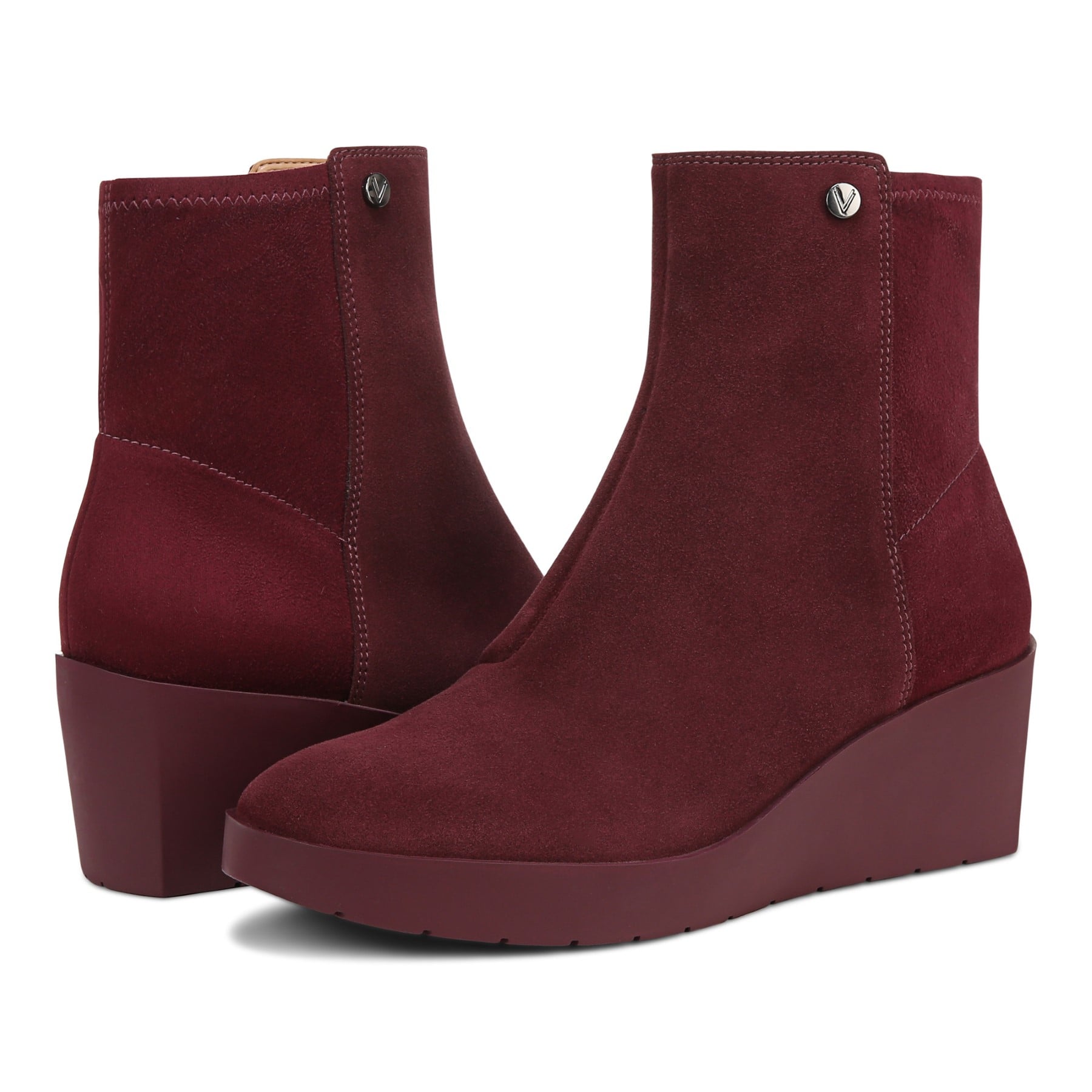 Vionic Skylar Women's Comfort Wedge Short Boot - Portwine Suede - pair left angle