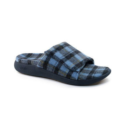 Strole Den Tartan Women's Wool Slide Slippers with Orthotic Arch Support Strole- 300 1 - Light Blue - Profile View