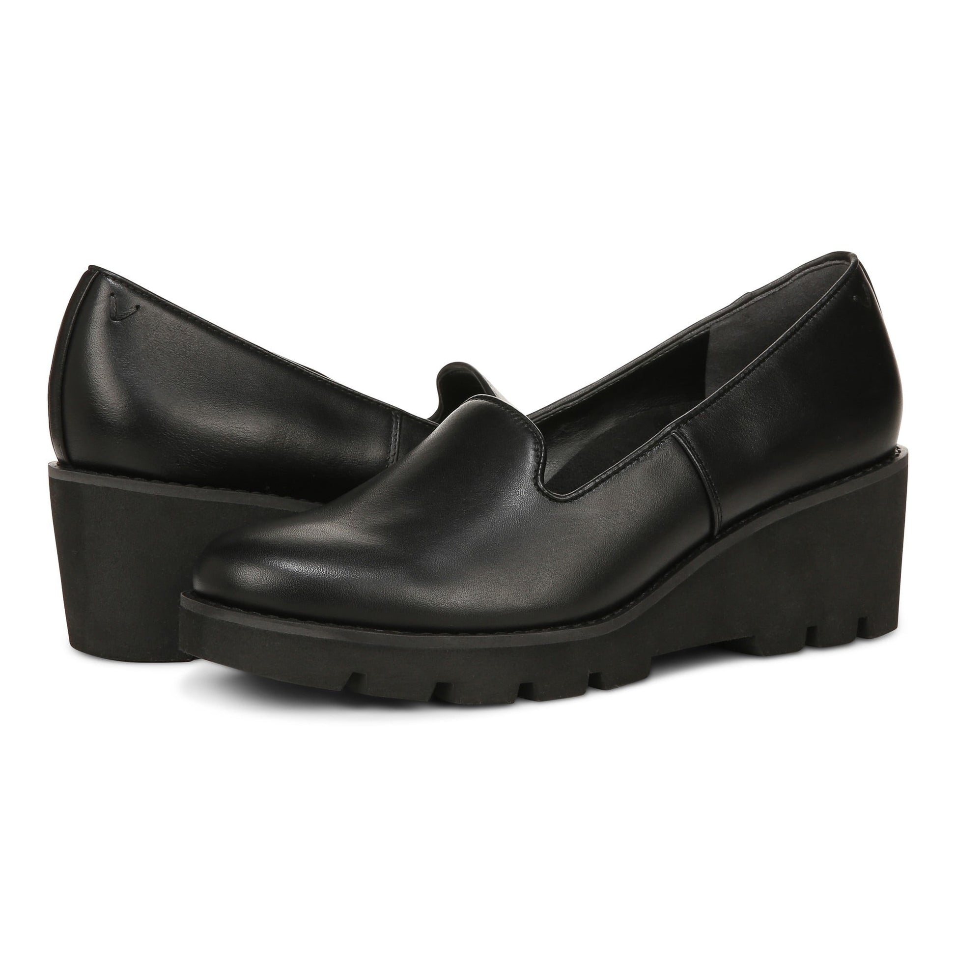 Vionic Willa Wedge Womens Slip On/Loafer/Moc Wedge - Black Leather - pair left angle