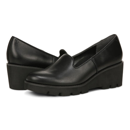Vionic Willa Wedge Womens Slip On/Loafer/Moc Wedge - Black Leather - pair left angle