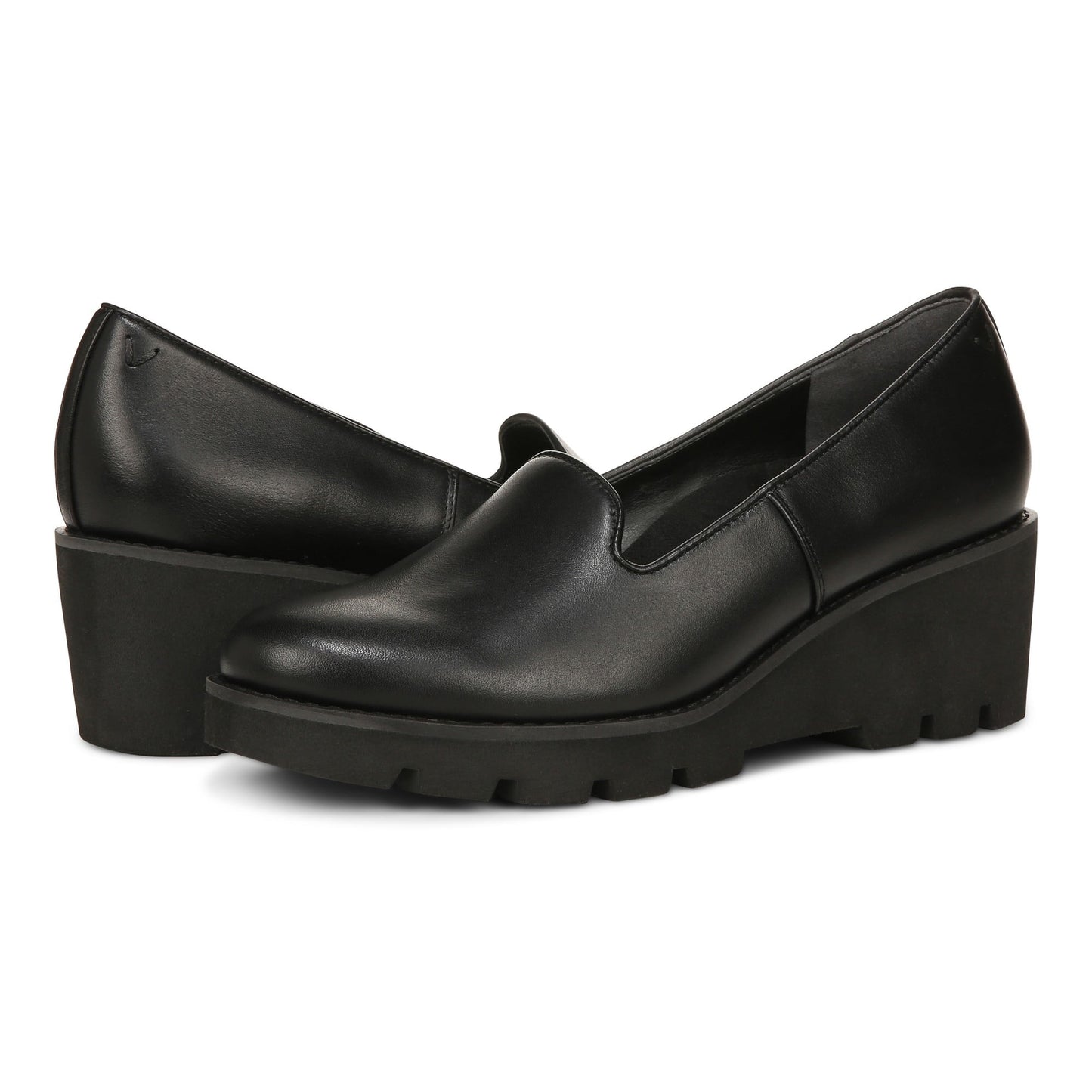 Vionic Willa Wedge Womens Slip On/Loafer/Moc Wedge - Black Leather - pair left angle