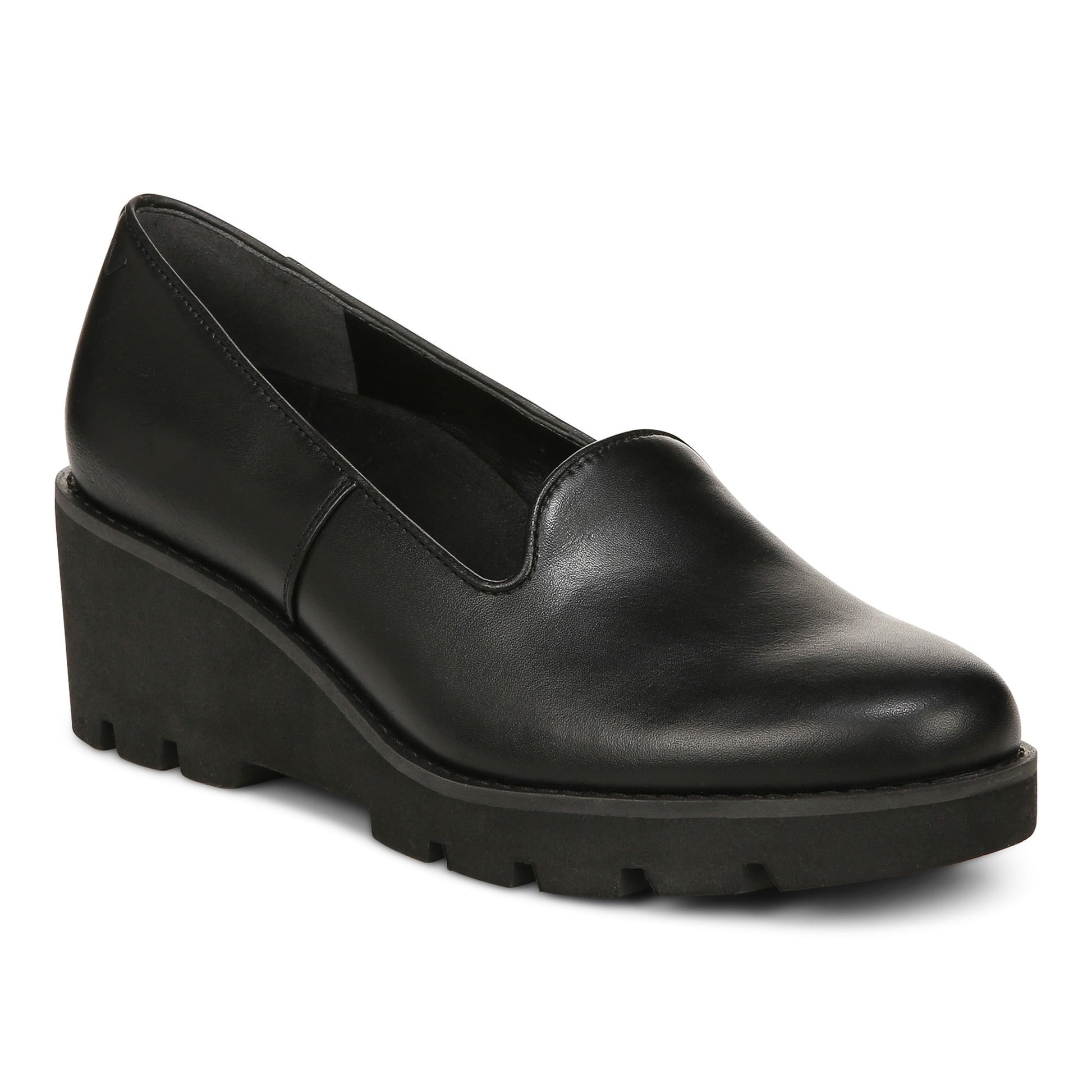Vionic Willa Wedge Womens Slip On/Loafer/Moc Wedge - Black Leather - Angle main