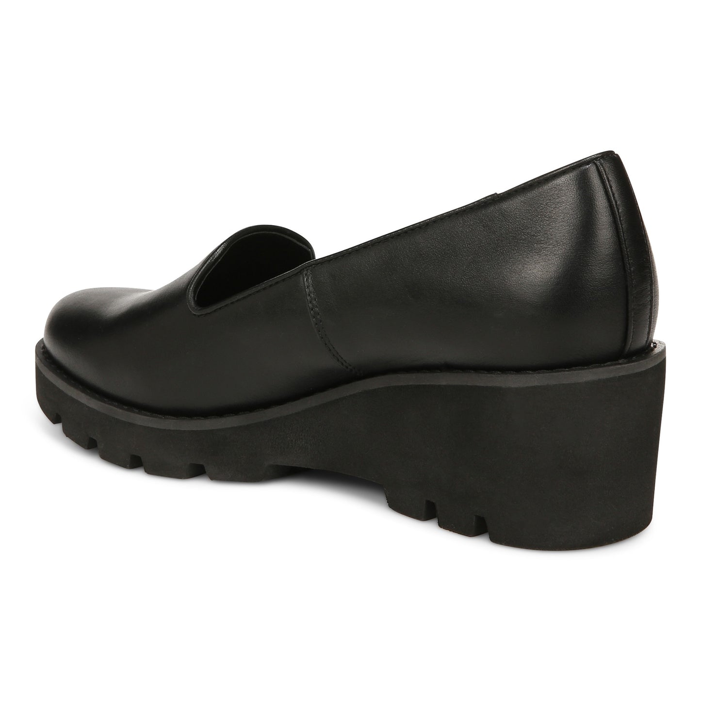 Vionic Willa Wedge Womens Slip On/Loafer/Moc Wedge - Black Leather - Back angle