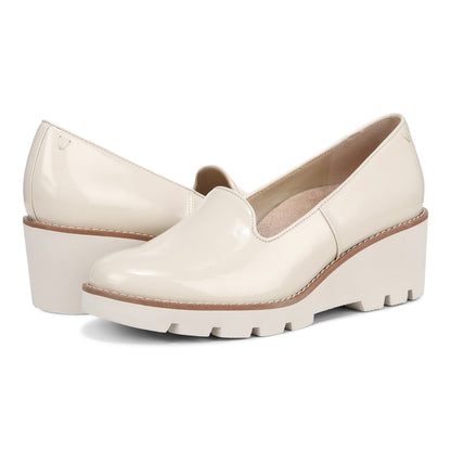 Vionic Willa Wedge Women's Slip-On Loafer Moc Wedge Shoes - Cream - pair left angle