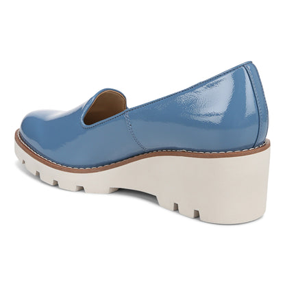 Vionic Willa Wedge Women's Slip-On Loafer Moc Wedge Shoes - Captains Blue - Back angle