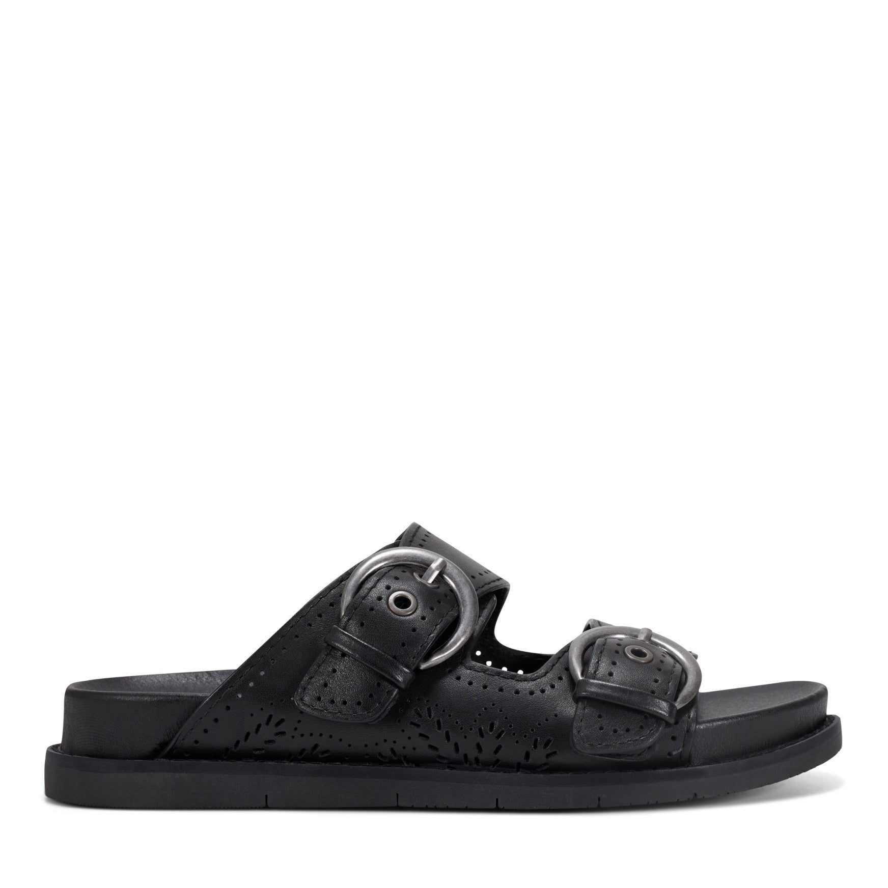 Earth Francii Cushioned Double-Buckle Women's Flat Sandal - Black Leather - 1