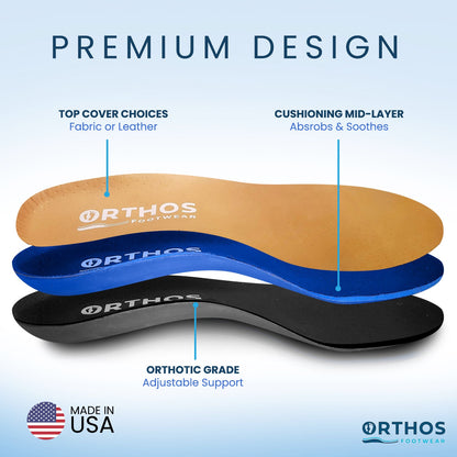 ORTHOS Footwear Replacement Orthotic Insoles 3/4 Length - Lifestyle Black - Fabric Tan - Leather