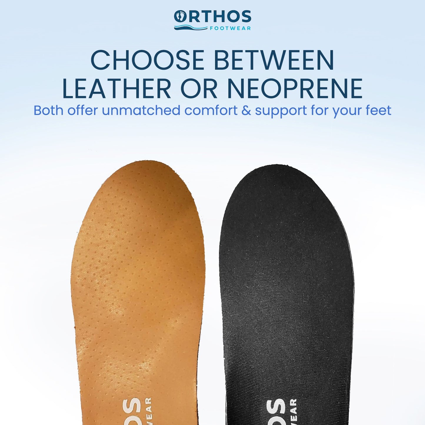 ORTHOS Footwear Replacement Orthotic Insoles Full Length - top covers Black - Fabric Tan - Leather