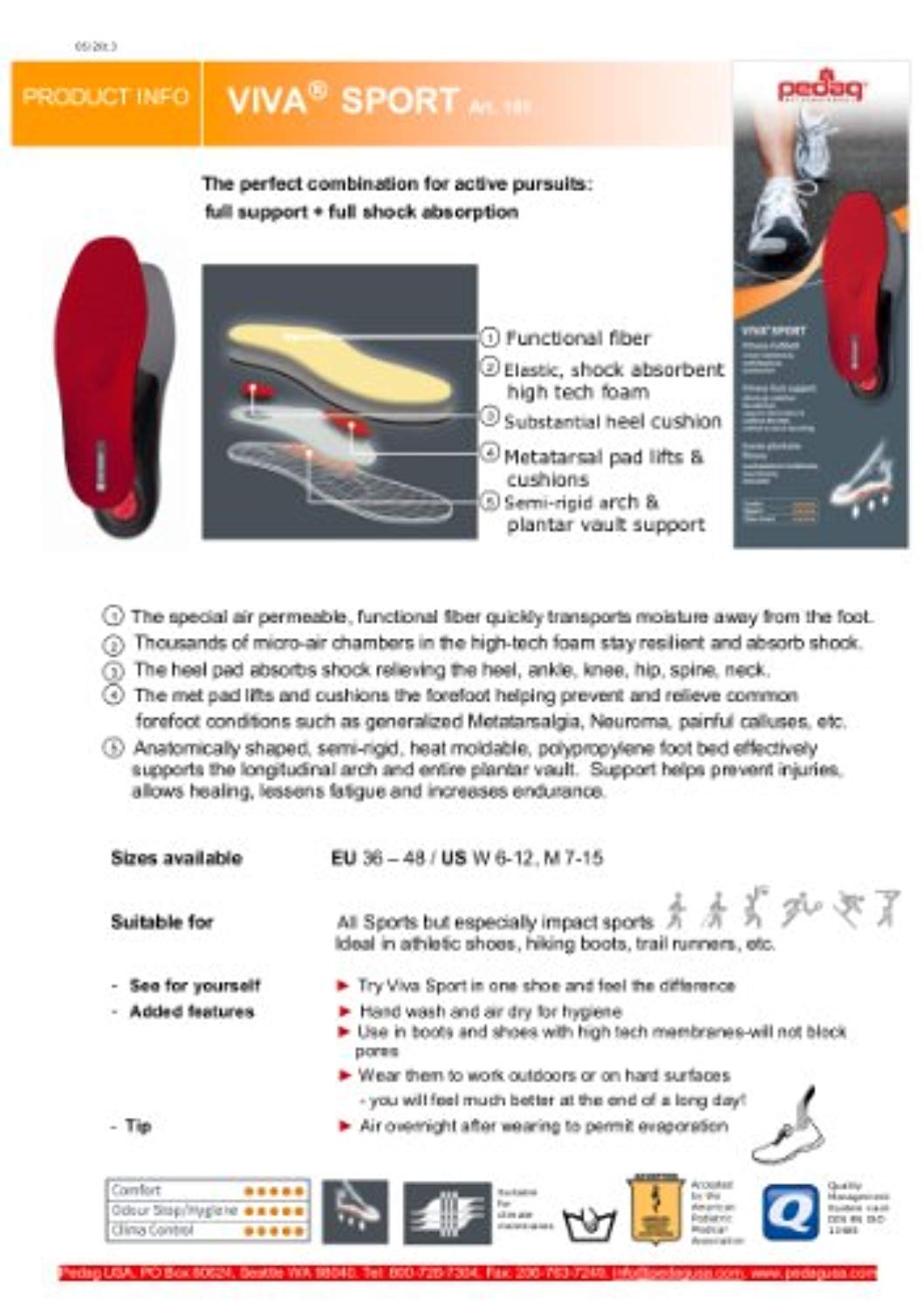 Pedag VIVA Sport Full Length Orthotic Insole - Red